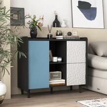 Sideboard/Display Cabinet, Black Furniture With Blue Doors, 2 Drawers With Single Panel And 2 Open Storage Compartments, Modern Furniture For Coffee Bar, Auxiliary Furniture For Kitchen, Dining Room. - 藍色 - 查看 7