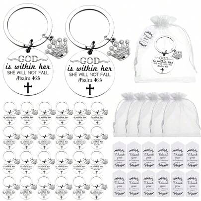 Bộ 30 móc khóa hình vương miện ý nghĩa, khắc dòng chữ "Chúa ở trong trái tim cô ấy, cô ấy sẽ được ca ngợi", bao gồm 30 món quà (10 móc khóa hình vương miện, 10 túi vải gạc trong suốt, 10 thiệp cảm ơn). Rất thích hợp làm quà tặng sinh nhật, nghỉ hưu, tốt nghiệp, quà cảm ơn cho bạn bè, đồng nghiệp, y tá, chị em gái - Không cần điện, không cần lông vũ, thích hợp cho Giáng sinh, Halloween, Lễ Tạ ơn.