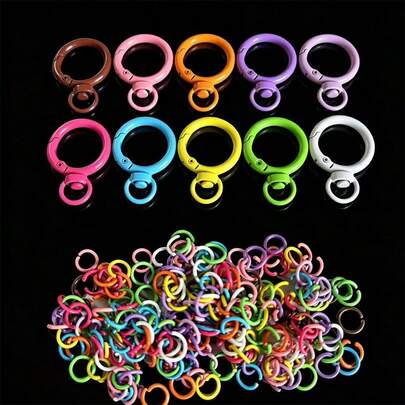 10pcs Key Chains + 150pcs Open Rings, Solid Color Casual Zinc Alloy Round Spring Clasp Key Chains, Backpack Hangers, DIY Jewelry Accessories