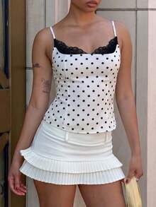 New Arrival White Base Black Polka Dot Camisole Top, French Retro Lace V-Neck Design, Adjustable Shoulder Strap, Waist Cinching, Cropped Length Vacation Casual - Apricot - View 2