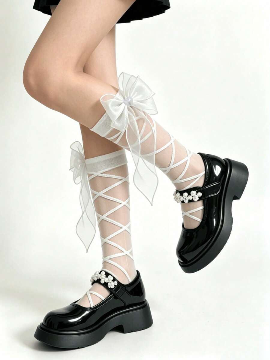 1双黑白甜美珍珠蝴蝶菱形玻璃丝洛丽塔过膝袜，夏季新品 - 彩色 - 查看 1
