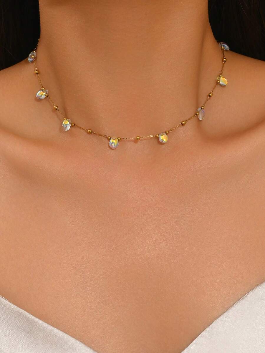 1 pieza Collar con colgante de acero inoxidable con cristal, colgante con forma de gota de agua, cadena de clavícula, diseño elegante y lindo con cuentas, adecuado para uso diario o de vacaciones de las mujeres - Dorado - Ver 1