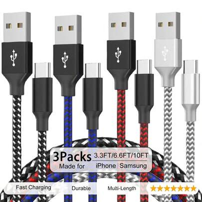 Fast Charging Mixed Braid Multi-Color USB Type C Charger Cable [3 Packs 3.3/6/6/10FT] Nylon Braided USB A To USB C Fast Charging Cord Compatible With IPhone17 16 15 Pro Max Galaxy S25 S24 S23 S22 S21 S20 S10 Android Cell Phones And More Mother's Day Spring Birthday Gift