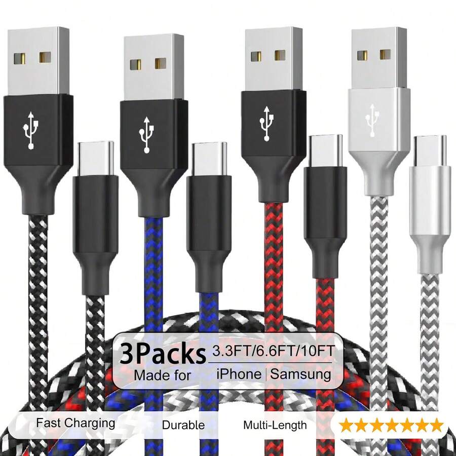 Fast Charging Mixed Braid Multi-Color USB Type C Charger Cable [3 Packs 3.3/6/6/10FT] Nylon Braided USB A To USB C Fast Charging Cord Compatible With IPhone17 16 15 Pro Max Galaxy S25 S24 S23 S22 S21 S20 S10 Android Cell Phones And More Mother's Day Spring Birthday Gift - Multicolor - View 1
