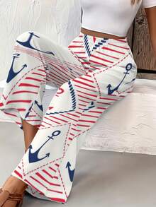 Women Summer Wide Leg Pants Nautical Anchor Stripe Red White Blue Sailor Style For Women Boho Pants - Nhiều màu - Xem 3