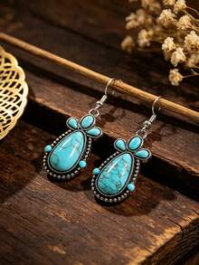 1 Pair Vintage Style New Turquoise Earrings, Women's Retro Distressed Western Style Turquoise Earrings - Antique Silver - View 4