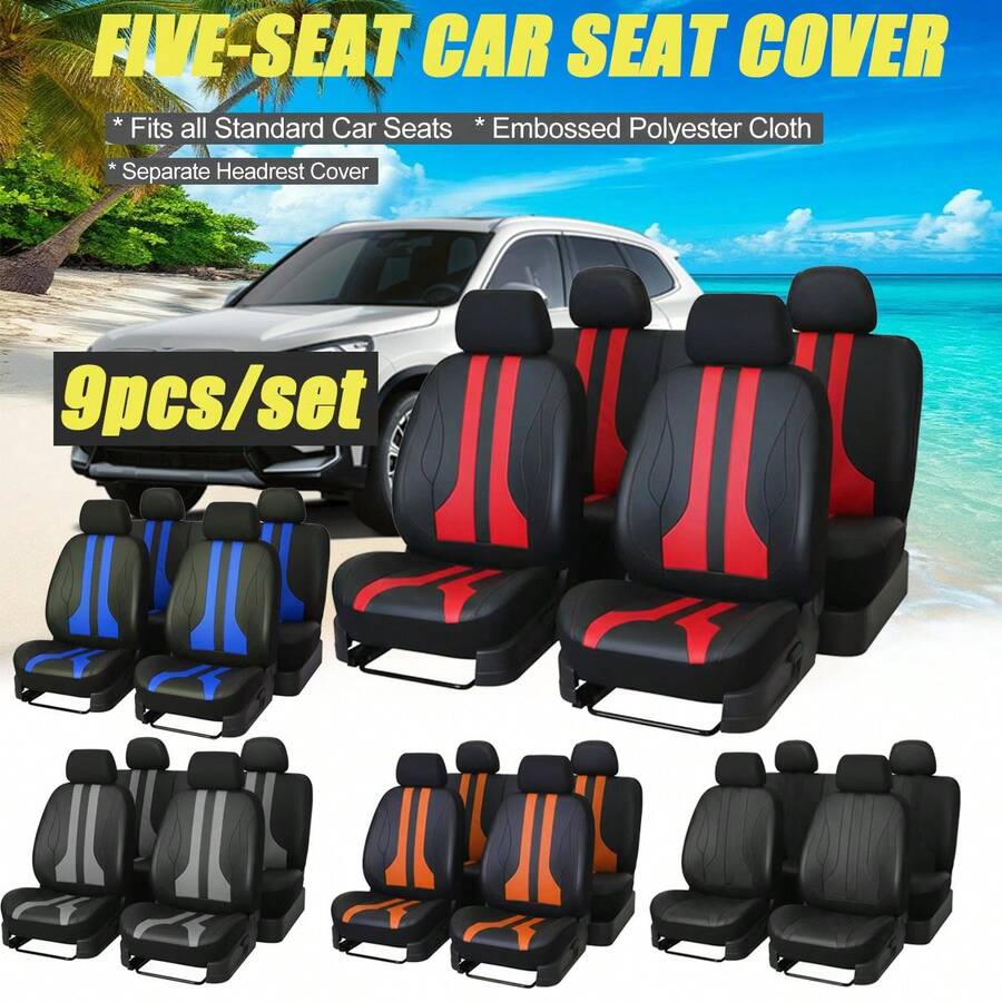 9pcs Unisex Fashion Leather Bicolor Patchwork Car Seat Covers, Universal 5-Seat Full Vehicle All Season - New Leather - View 1