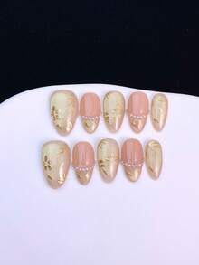 10 móng giả hình hạnh nhân cỡ trung bình, nền gel màu nude + họa tiết mắt mèo vàng sâm panh, họa tiết hoa vàng vẽ tay, thiết kế viền ngọc trai kiểu Pháp, phong cách cổ điển sang trọng, móng acrylic dán thủ công 100% có thể tái sử dụng, bao gồm 1 keo dán, 1 dũa móng, 1 que đẩy móng, thích hợp sử dụng hàng ngày hoặc dự tiệc. - Nhiều màu - Xem 11
