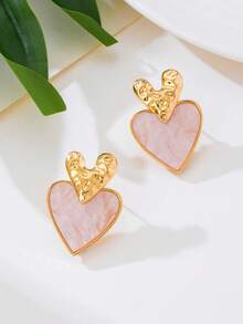1 par de pendientes de botón con forma de corazón rosa vintage con textura, adecuados para bodas, fiestas y uso diario - Rosa - Ver 5