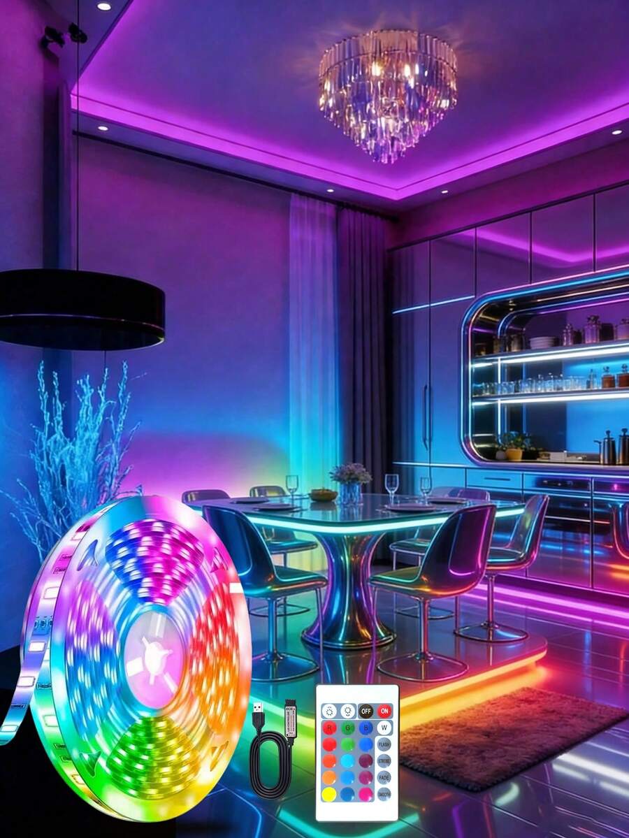 RGB LED灯带，电视背光灯，配备24键遥控器和无线控制功能，适用于游戏、卧室、派对、厨房、客厅、庆典、家居、圣诞节、天花板、墙壁、室内外装饰、派对用品、家居装饰、圣诞礼物、毕业礼物、生日礼物、万圣节装饰、派对氛围照明。 - 彩色光 - 查看 1