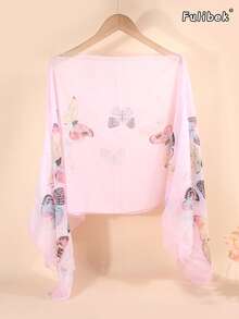 1pc Women's Lightweight Chiffon Vintage Butterfly Print Versatile Loose Fit Pearl Button Scarf Shawl, Suitable For Travel And Daily Use, Spring/Summer - Multicolor - View 15