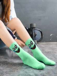 1 par de calcetines de media caña para mujer, calcetines transpirables de colores de caramelo divertidos con expresión de dibujos animados, adecuados para primavera, verano y otoño - Verde - Ver 1