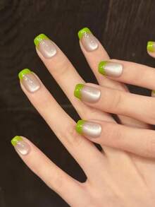 10 Unhas Postiças Curtas Artesanais em Formato de Caixão para Festas e Uso Diário, Unhas Rosa, Pontas Francesas Verdes, Unhas Olho de Gato para o Verão, Brilhantes e Deslumbrantes, Fáceis de Aplicar. 10 Unhas Postiças Artesanais Estilo Y2K, Brilhantes e Vibrantes, Adequadas para Meninas e Mulheres em Festas e Uso Diário. Perfeitas para a Primavera e o Verão. - Verde Lima - Ver 4