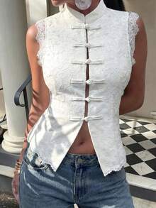Solid Color Front Button Hollow Lace Patchwork New Chinese Style Button Design Sleeveless Top White Summer - White - View 6