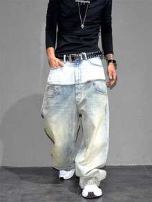 2026 New Vintage Heavily Washed Patchwork Ombre Relaxed Fit Straight Leg Jeans - Blue - View 5