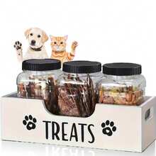 1个木制宠物零食盒，带3个密封塑料罐，无需电池，耐用木制农舍风格宠物零食储存盒，1套 - 彩色 - 查看 4