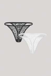 Bộ 2 chiếc quần lót bikini dây mảnh họa tiết da báo đen trắng, kiểu dáng gợi cảm, cạp thấp, không đường may, chất liệu ren, thoải mái và thoáng khí. - Đen và trắng - Xem 2