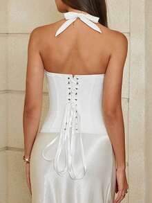 复古优雅白色吊带背心，胸部采用褶裥设计，腰部收紧，适合新娘活动、夏季海滩度假和婚礼季穿着。 - 白色 - 查看 2