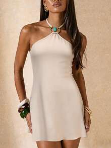 女士优雅吊带无袖超短迷你A字连衣裙，针织面料，休闲波西米亚风，喇叭裙摆，适合海滩、度假和夏季约会 - 杏色 - 查看 5