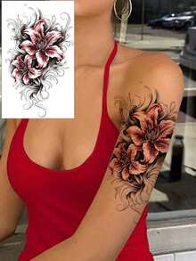 1片百合花纹身贴纸，时尚花卉设计，新颖黑色，防水正品，适用于腰部、腿部、手臂等部位，男女通用，草本配方，持久7-14天，易于粘贴和去除，可遮盖疤痕，素描风格 - 黑色 - 查看 6