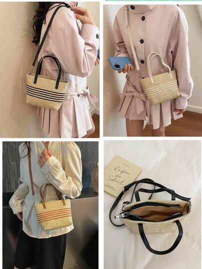 1个撞色草编沙滩包，优雅女士手提包，休闲小方包，沙滩度假草编手提包，斜挎单肩包，可装钱包、手机、化妆品，是夏季海滩、街头、旅行和母亲节礼物的完美之选。