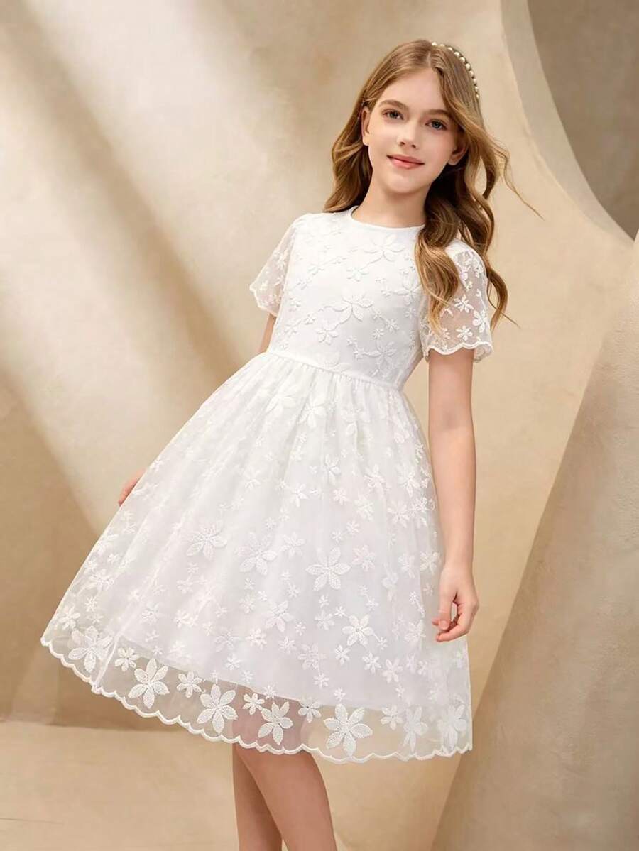 Đầm ren trắng tay ngắn cổ tròn cho bé gái, đầm ren trắng mùa xuân/hè cho bé gái, thanh lịch và duyên dáng, thích hợp cho đám cưới, tiệc tùng, họp mặt và các dịp khác, đầm công chúa. - trắng - Xem 1