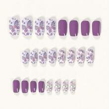 48pcs Medium Square Cute Kawaii Pattern Butterfly & Flower Press On Nails, Sweet Pastel Color Fake Nails, Reusable Stick On False Nails With Jelly Gel, UV Printed Super Value Pack For Women Girls Gift - 淡紫色 - 查看 4
