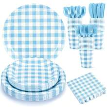 C175 Pcs Gingham Paper Plates Boy Baby Shower Decorations Include Blue Gingham Plates And Napkins Cups Disposable Blue Dinnerware For Picnic Wedding Birthday1 - light blue - 查看 7
