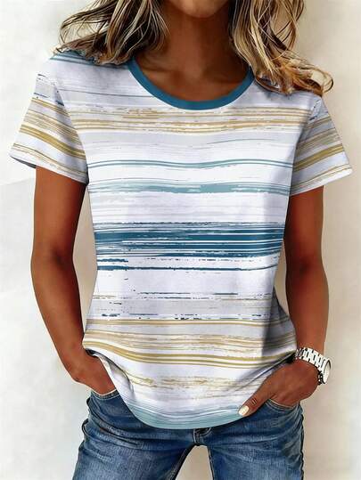 Striped Colorful Round Neck Short Sleeve Plus Size T-Shirt Casual Summer