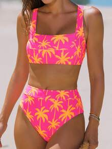 popvil Bộ bikini mùa hè dành cho nữ, họa tiết lá cọ nhiệt đới, áo cổ vuông, quần cạp cao kiểu dây chéo, thích hợp cho kỳ nghỉ biển. - Màu Hồng Tươi - Xem 3