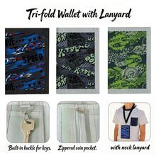 1PC Multifunctional Racing Print Trifold Wallet, Portable Neck Hanging Design With Lanyard, Multiple Card Slots, Zipper Coin Purse, Keychain, Daily School Anti-Loss Neck Card Holder - Multicolor - View 1