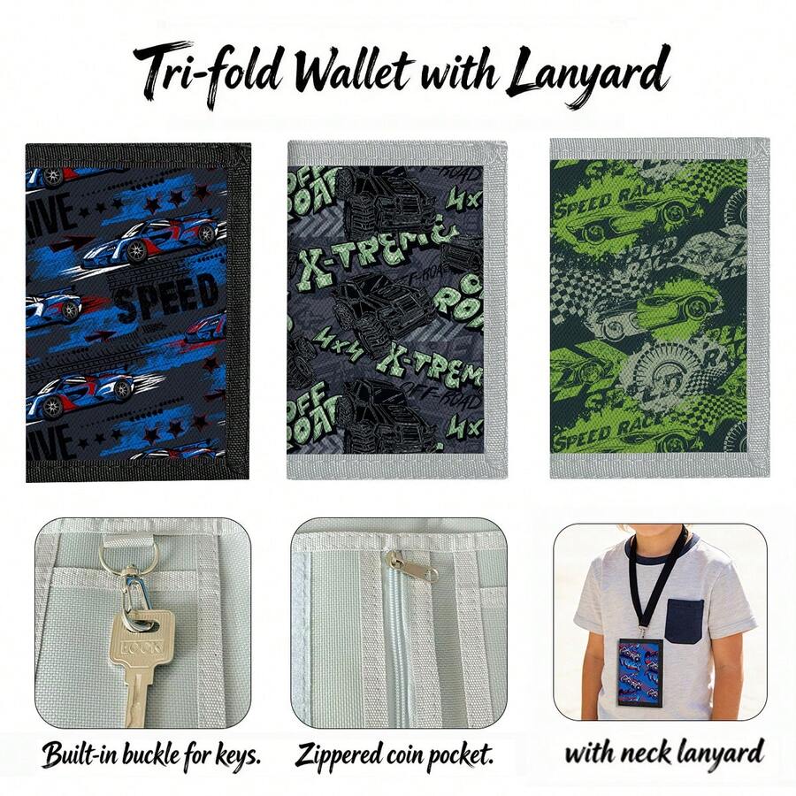1PC Multifunctional Racing Print Trifold Wallet, Portable Neck Hanging Design With Lanyard, Multiple Card Slots, Zipper Coin Purse, Keychain, Daily School Anti-Loss Neck Card Holder - Multicolor - View 1