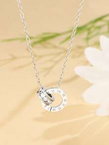 1Piece Gold Color Luxurious Roman Digital Double Ring Pendant Necklace Zirconia Women's Round Stainless Steel Necklace Jewelry - 銀色 - 查看 1