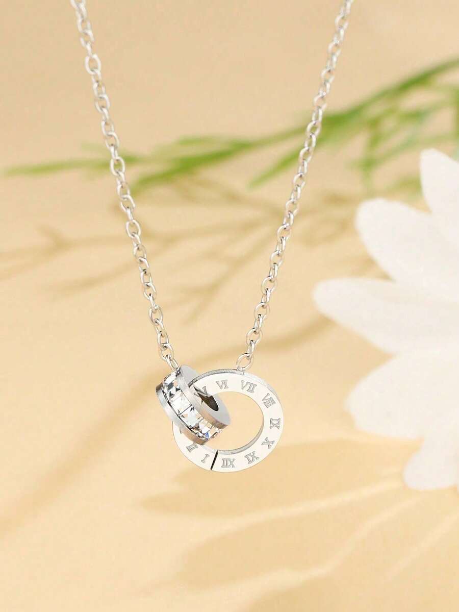 1Piece Gold Color Luxurious Roman Digital Double Ring Pendant Necklace Zirconia Women's Round Stainless Steel Necklace Jewelry - 銀色 - 查看 1