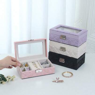 Jewelry Box With Clear Glass Lid, Quilted Pattern PU Leather Jewelry Organizer With Lock, Multi-Compartment Storage Case For Rings Earrings Necklaces Bracelets, Dustproof Decorative Vanity Box, Ideal Gift For Women Girls, Beige & Pink Options