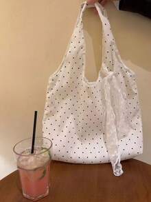 Back To School Polka Dot Canvas Tote Bag, Large Capacity Contrast Color Shoulder Bag, Suitable For College Students, Versatile Handbag, Underarm Satchel - White - View 6