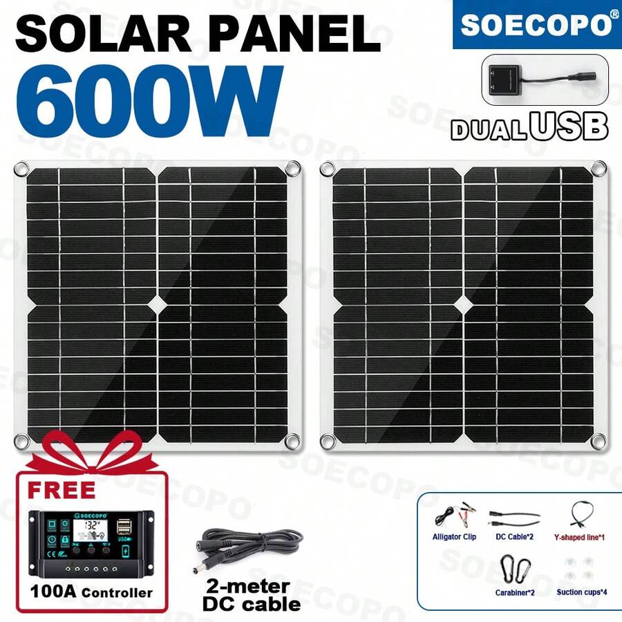 [Controlador de 100A gratis] Kit de panel solar dual de 600W - 2 paneles PV portátiles de 300W cada uno para autocaravana y camping