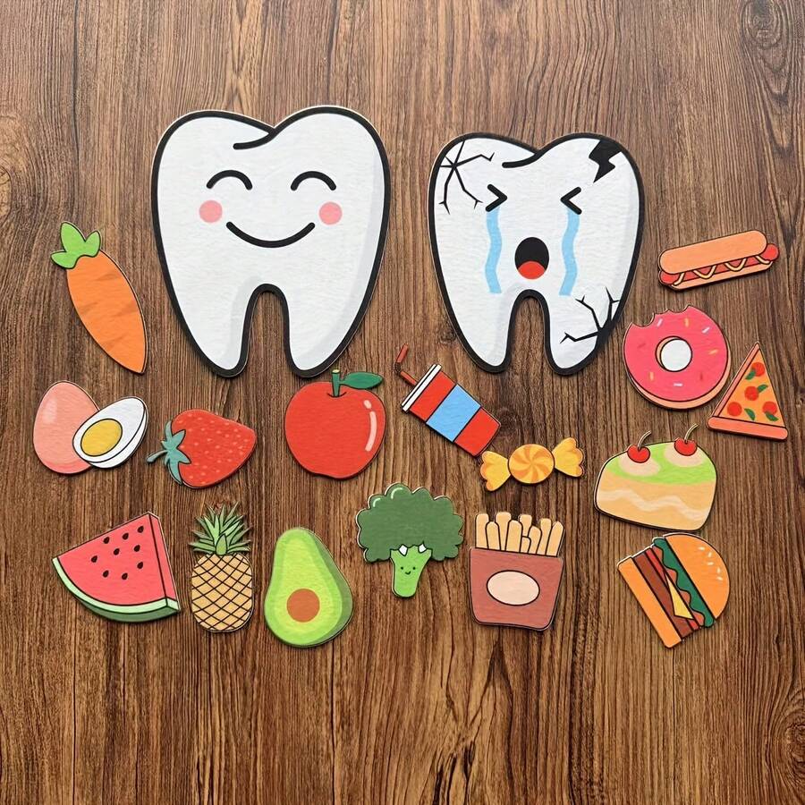 Set Perlengkapan Gigi dan Makanan dari Kain Felt, Memilah Makanan Sehat dan Tidak Sehat, Melindungi Gigi, Pelajaran Perawatan Gigi Pertama untuk Bayi, Menanamkan Kebiasaan Baik, Cocok untuk Papan Felt atau Papan Flanel - MultiWarna - View 1
