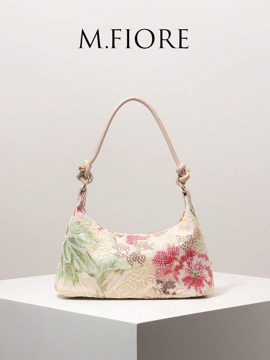 Sequin Floral Embroidered Women's Shoulder Bag, Suitable For Evening, Party, Wedding And Other Occasions, Elegant Ladies Handbag, Gift - Multicolor - View 1