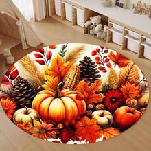 Flannel Printed Round Doormat With Large Pumpkin In The Center, Autumn-Themed Elements: Small Pumpkins, Red And Orange Flowers, Corn, Wheat, Pine Cones, And Fallen Leaves. Cozy Harvest Theme On A White Background. Round Rug For Living Room - 1PC - Xem 3