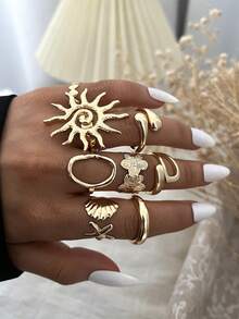 8pcs Vintage Elegant Bohemian Style Metal Sunflower, Starfish, Shell, Water Drop Rings, Suitable For Women's Daily, Party, Beach, Date, Holiday, Gift, Versatile For All Seasons - Gold - View 5
