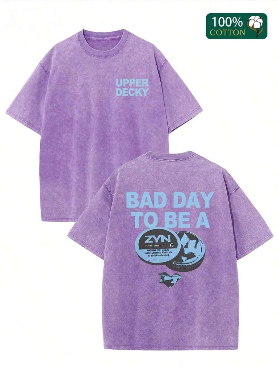 Camiseta Para Hombre"BAD DAY TO BE A ZYN" Graphic Double-Sided Printed Street Style Men's Casual Wear 230g Washed Cotton Round Neck Short Sleeve Comfortable Breathable Basic Double-Sided Printed Tee For Summer High-Quality Edgy DesignLoose And Comfortablegraphic Tees Streetwear Men - 紫羅蘭色 - 查看 1