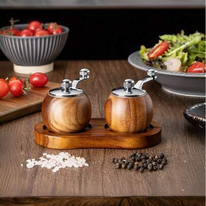 Bộ 1/2/3 món máy xay tiêu tròn cầm tay, lõi máy xay tiêu làm thủ công bằng gỗ sồi, dụng cụ nhà bếp máy xay tiêu cầm tay, bộ đựng muối và tiêu, phụ kiện nhà bếp, lọ đựng muối, hũ đựng muối, bộ máy xay muối và tiêu bằng gỗ, bộ máy xay muối và tiêu