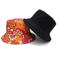 1pc New Vacation Coconut Tree Print Reversible Bucket Hat, Suitable For Casual Daily And Outdoor Use,Beach,Holiday - Red Flowers - View 3