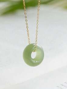 1pc 18K Gold Stainless Steel Faux Green Jade Round Pendant Necklace, Suitable For Women's Daily Wear, Valentine's Day Gift - Nhiều màu - Xem 8