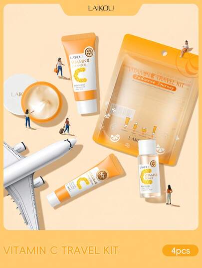 LAIKOU 1套莱寇维他命C保湿亮肤旅行套装4件套（洁面乳20g、保湿爽肤水20ml、滋养面霜8g、SPF50+防晒乳液10g），赠送2瓶遮瑕CC霜，深层滋养护肤礼包，抗氧化护肤产品，适合女性和女孩旅行、露营、徒步、登山、户外等场合的SPA护肤套装