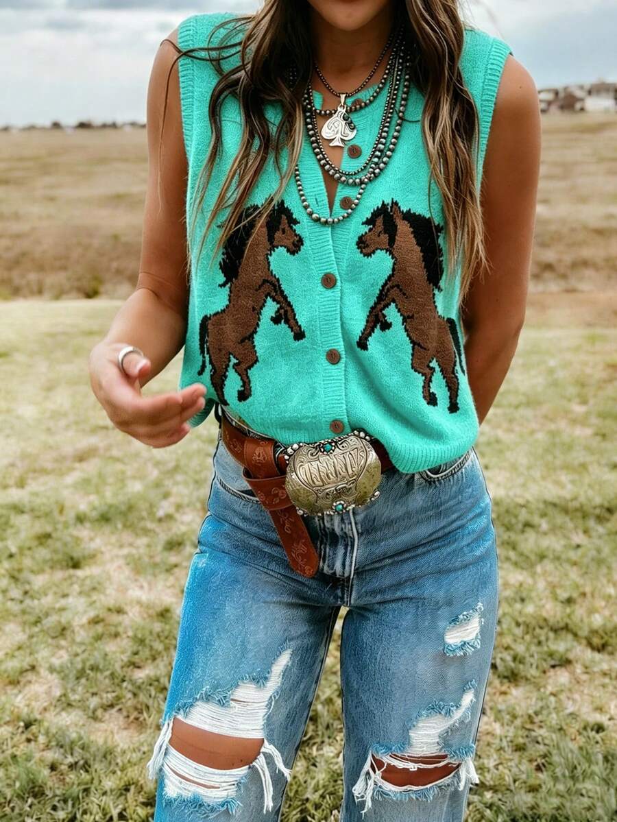 VEXHEIMA Western-Style Women's Fashionable Animal-Print Color-Blocking HorseMotif Button-Front Round Neck Sleeveless Knit Cardigan Vest Vacation - Mint Blue - View 1