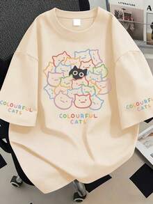Camiseta con estampado gráfico de gato y letras, top casual de verano para mujer talla grande, adecuado para vacaciones de verano, ropa de playa, atuendo de vacaciones, atuendo de primavera, Día de la Madre, uso diario, boda, playa, fitness, graduación, fiesta, top de primavera de moda - Albaricoque - Ver 1