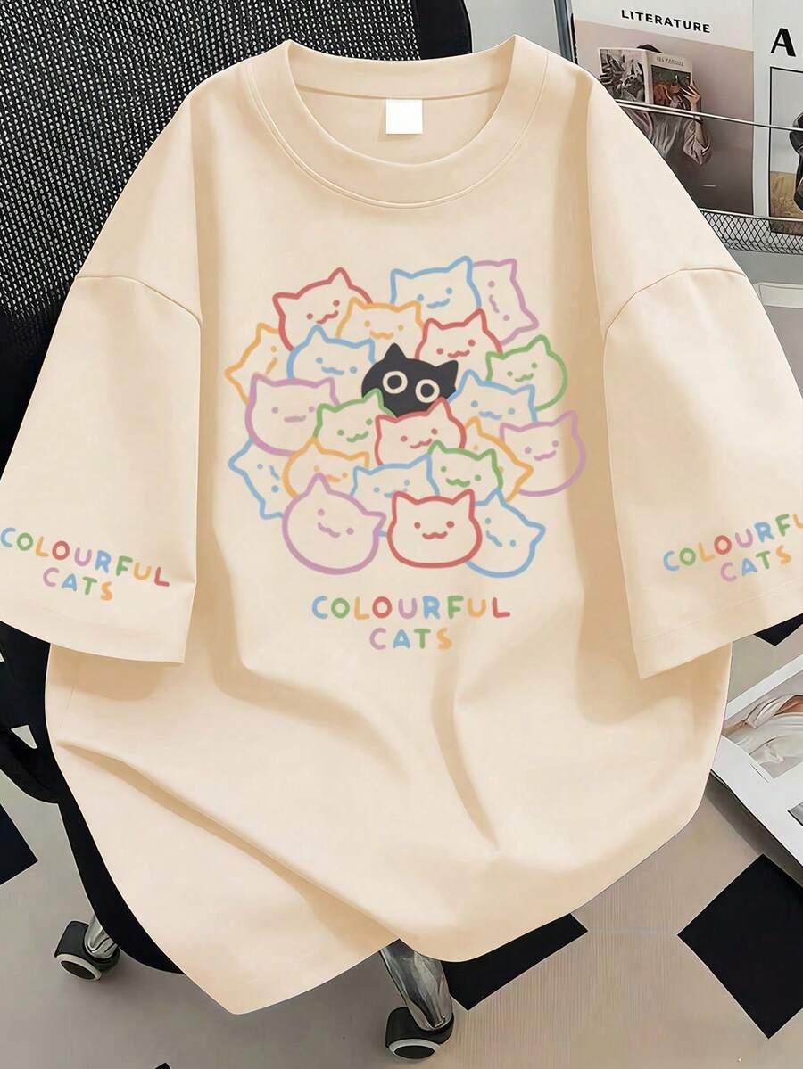 Camiseta con estampado gráfico de gato y letras, top casual de verano para mujer talla grande, adecuado para vacaciones de verano, ropa de playa, atuendo de vacaciones, atuendo de primavera, Día de la Madre, uso diario, boda, playa, fitness, graduación, fiesta, top de primavera de moda - Albaricoque - Ver 1