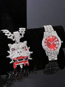 1 Set Hip Hop New Product Personalized Bulldog Pendant Diamond Cuban Chain Necklace Bracelet Men's Red Watch Set Personalized Fashion Cool Men's Accessories - Red - View 6